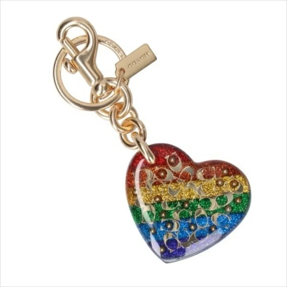 Coach Sprinkle Signature Heart Bag Charm Rainbow Pride Glitter Keychain NEW HTF!